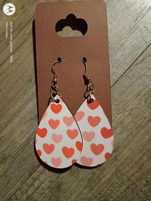 Teardrop #108 - Pink & Red Heart Pattern Wooden Boho Dangle Earrings