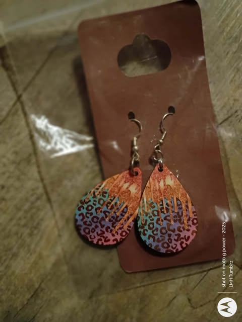 Teardrop #109 - Multi-Color Abstract Mosaic Textured Wooden Dangle Earrings