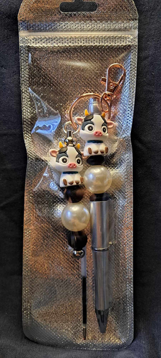3D cow focal silver pen keychain set