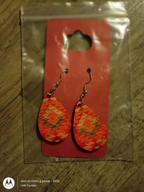Teardrop #107 - Amber & Brown Marble Pattern Wooden Dangle Earrings