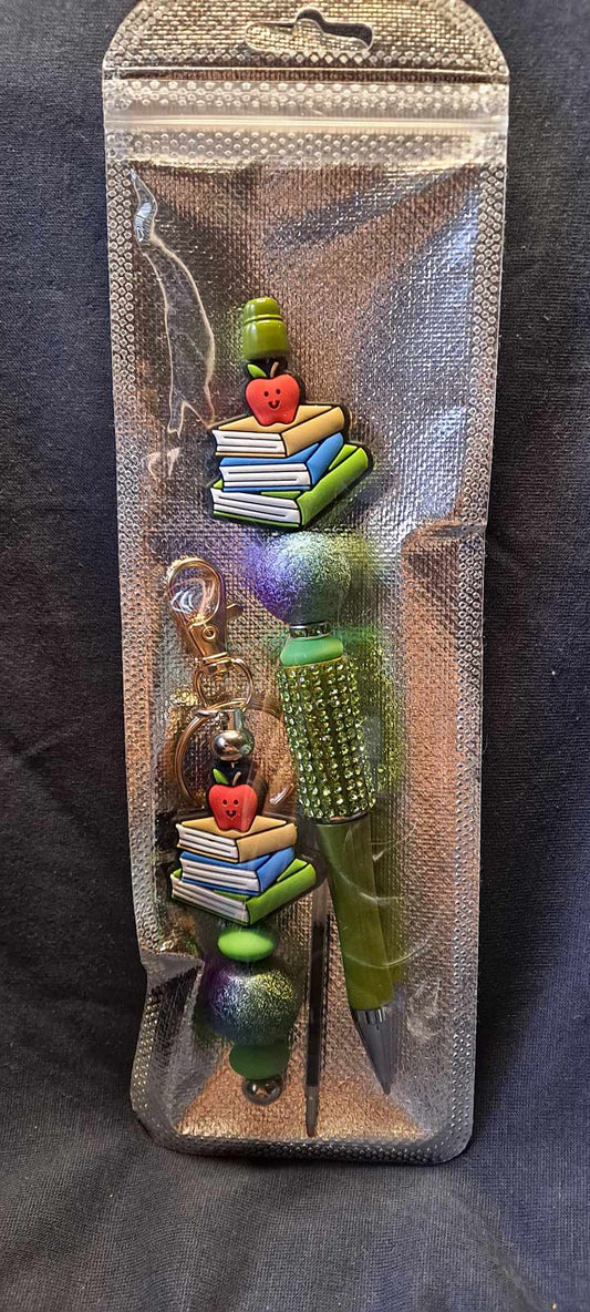 Books with apple focal green bling pen keychain set