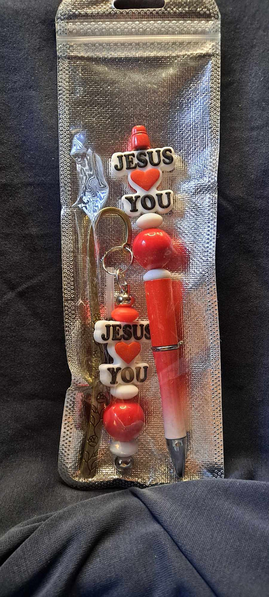 Jesus loves you focal red ombre pen and bookmark set