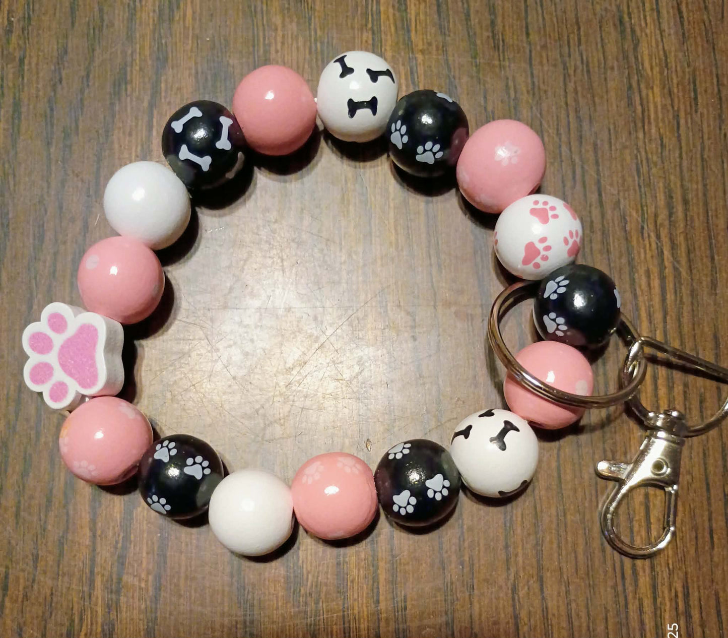 Pink & Black Paw Print Bead Wristlet